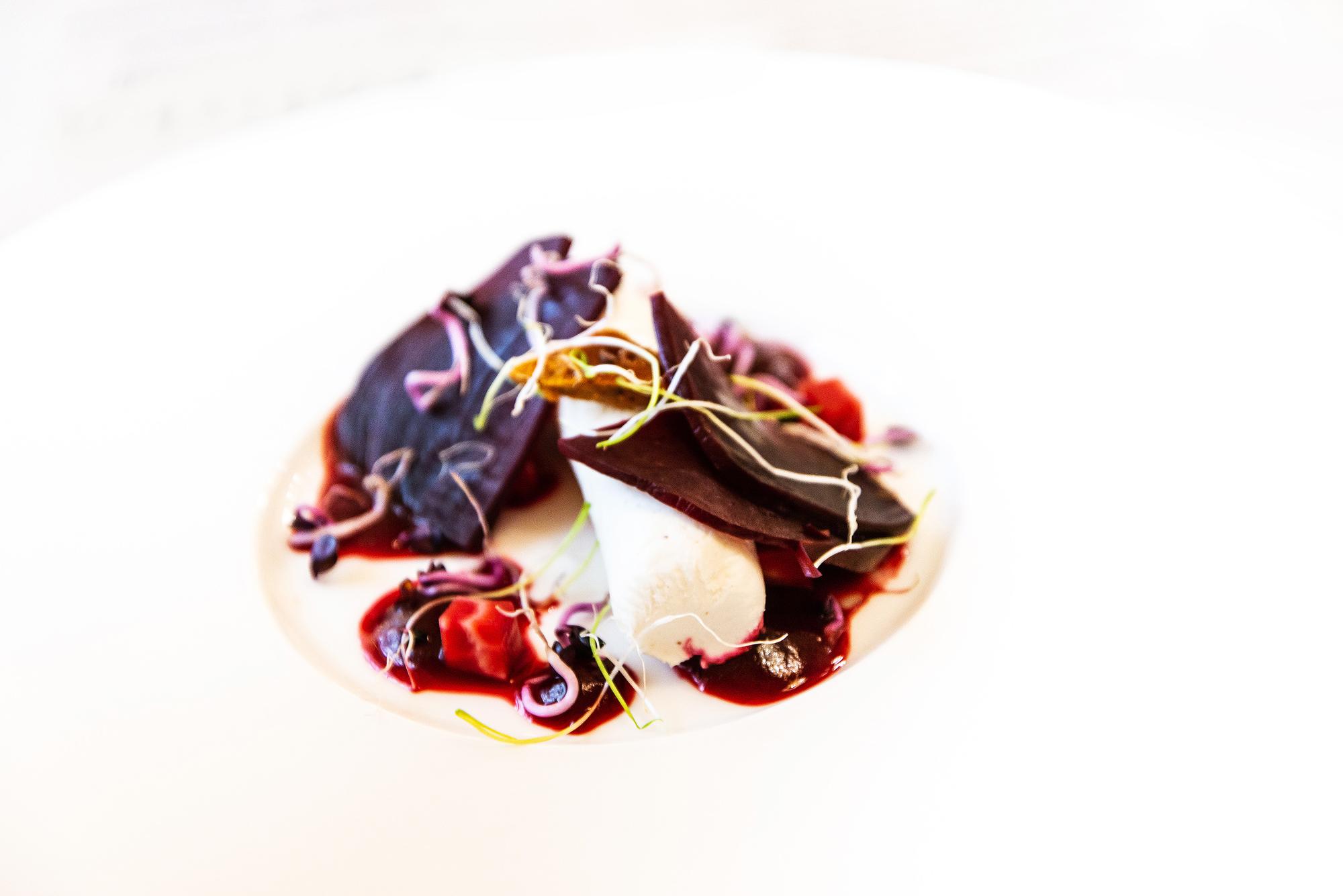 Plated dessert with decorative sauce